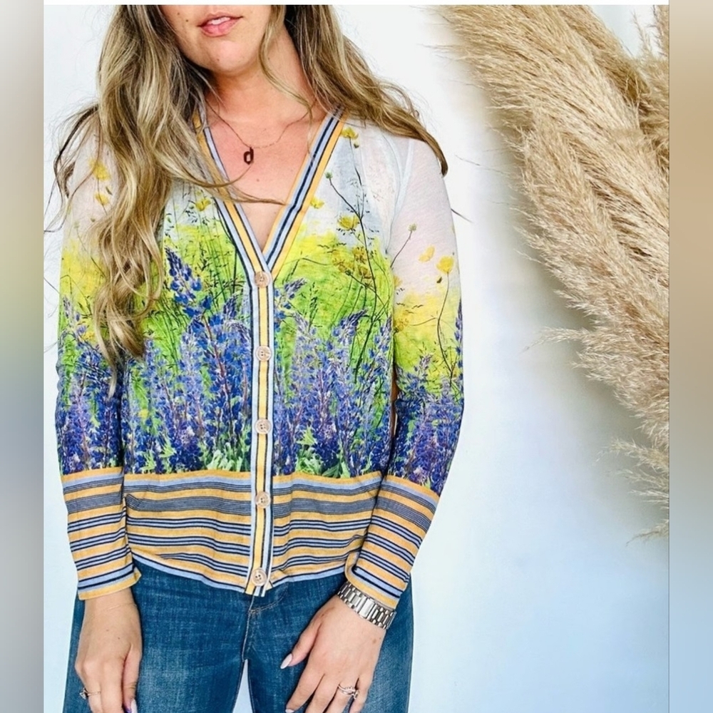 Anthropologie Dream Daily Sheer Back Floral Print Striped Button Cardi Sweater